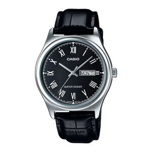 Casio Men’s Black Roman Dial Day Date Analog Watch with Leather Strap -